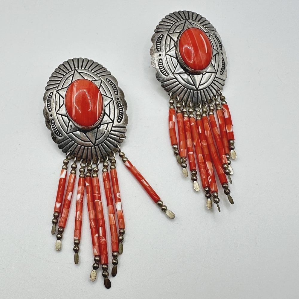 Navajo Sterling Silver Coral Dangle Earrings TK Emerson Southwestern Pierced 3"